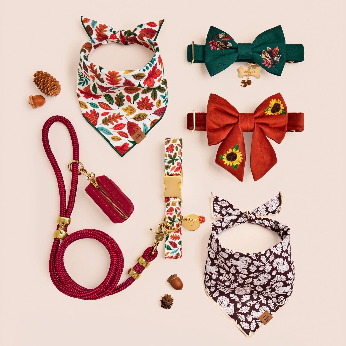 Falling Leaves Dog Bandana and Collar Walk Set, Squirrel Bandana, Fall Foliage Bow Tie Collar, Sunflower Embroidered Lady Bow Collar, Circle and Bone Pet ID Tag, and Maple and Squirrel Collar Charm from The Foggy Dog