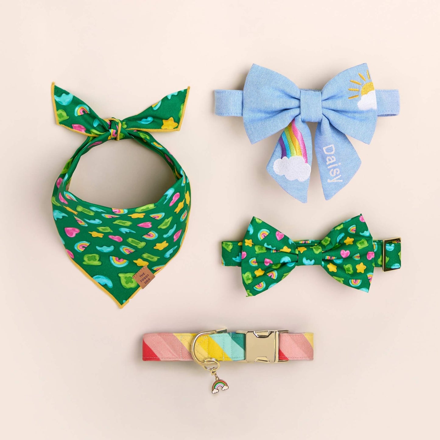 Charmed Dog Bandana, Bow Tie Collar,
Sunshine and Rainbows Embroidered Lady Bow Collar, Over the Rainbow Dog Collar, and Rainbow Collar Charm from The Foggy Dog