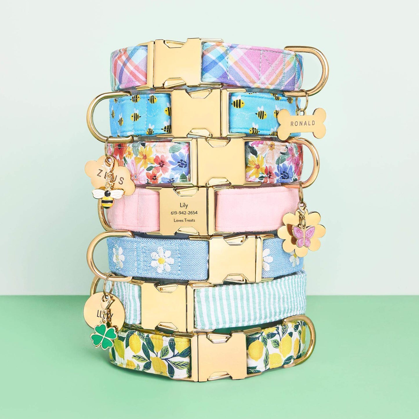 Blooming Plaid, Sweet as Can Be, Margaux, Blush Pink Velvet, Daisy Embroidered, Green Seersucker and Lemon Zest Collar, Bone, Cloud, Flower, and Circle Pet ID Tag, Butterfly, Honey Bee and Lucky Clover Collar Charm from The Foggy Dog