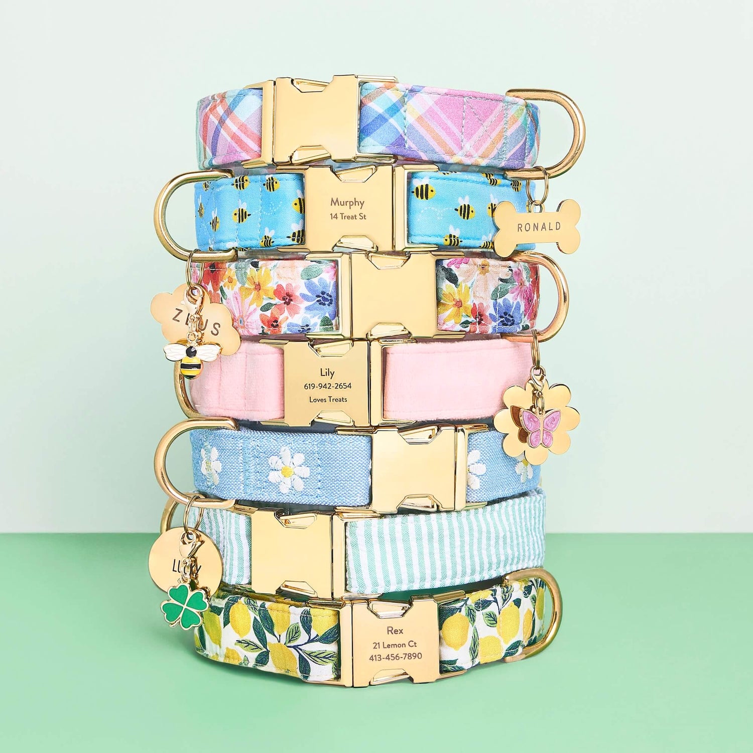 Blooming Plaid, Sweet as Can Be, Margaux, Blush Pink Velvet, Daisy Embroidered, Green Seersucker and Lemon Zest Collar, Bone, Cloud, Flower, and Circle Pet ID Tag, Butterfly, Honey Bee and Lucky Clover Collar Charm from The Foggy Dog