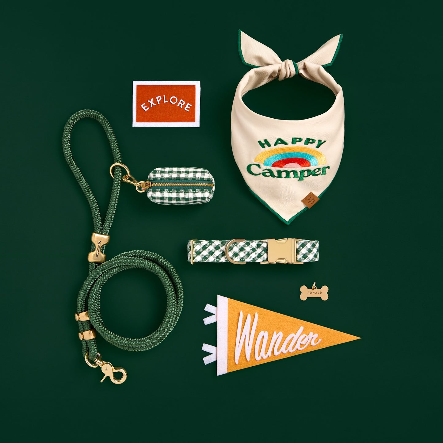 Evergreen Marine Rope Dog Leash, Waste Bag Holder, Dog Collar and Walk Set, Happy Camper Embroidered Dog Bandana and Bone Pet ID Tag from The Foggy Dog
