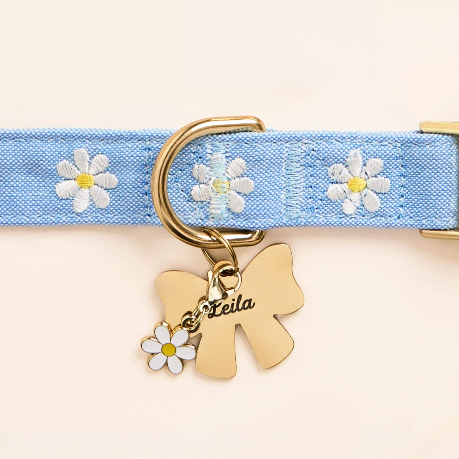 Daisy Embroidered Dog Collar, Lady Bow Pet ID Tag and Daisy Collar Charm from The Foggy Dog