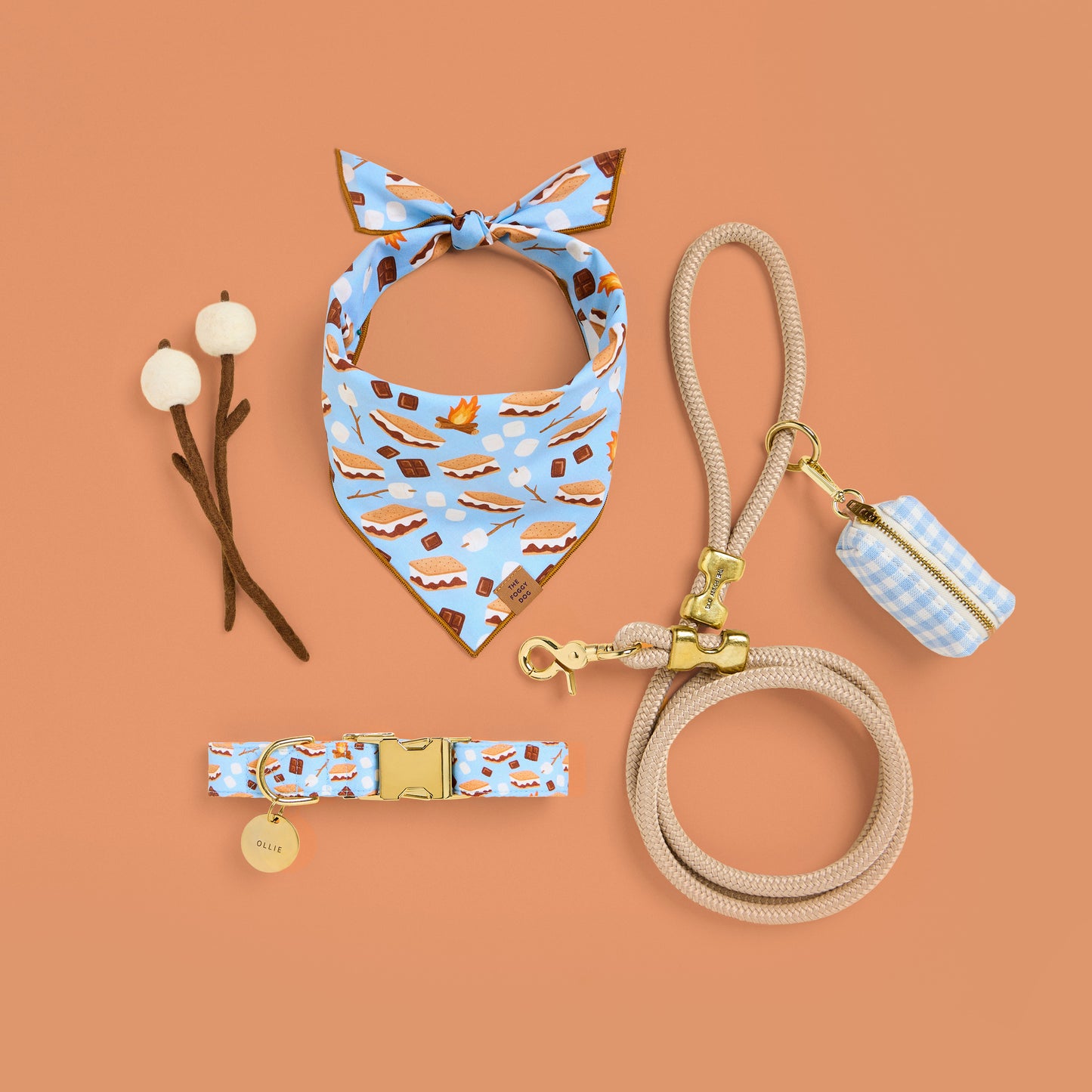 S'more to Love Dog Bandana, Dog Collar, Circle Pet ID Tag, Flax Marine Rope Dog Leash, and Sky Blue Gingham Waste Bag Holder from The Foggy Dog