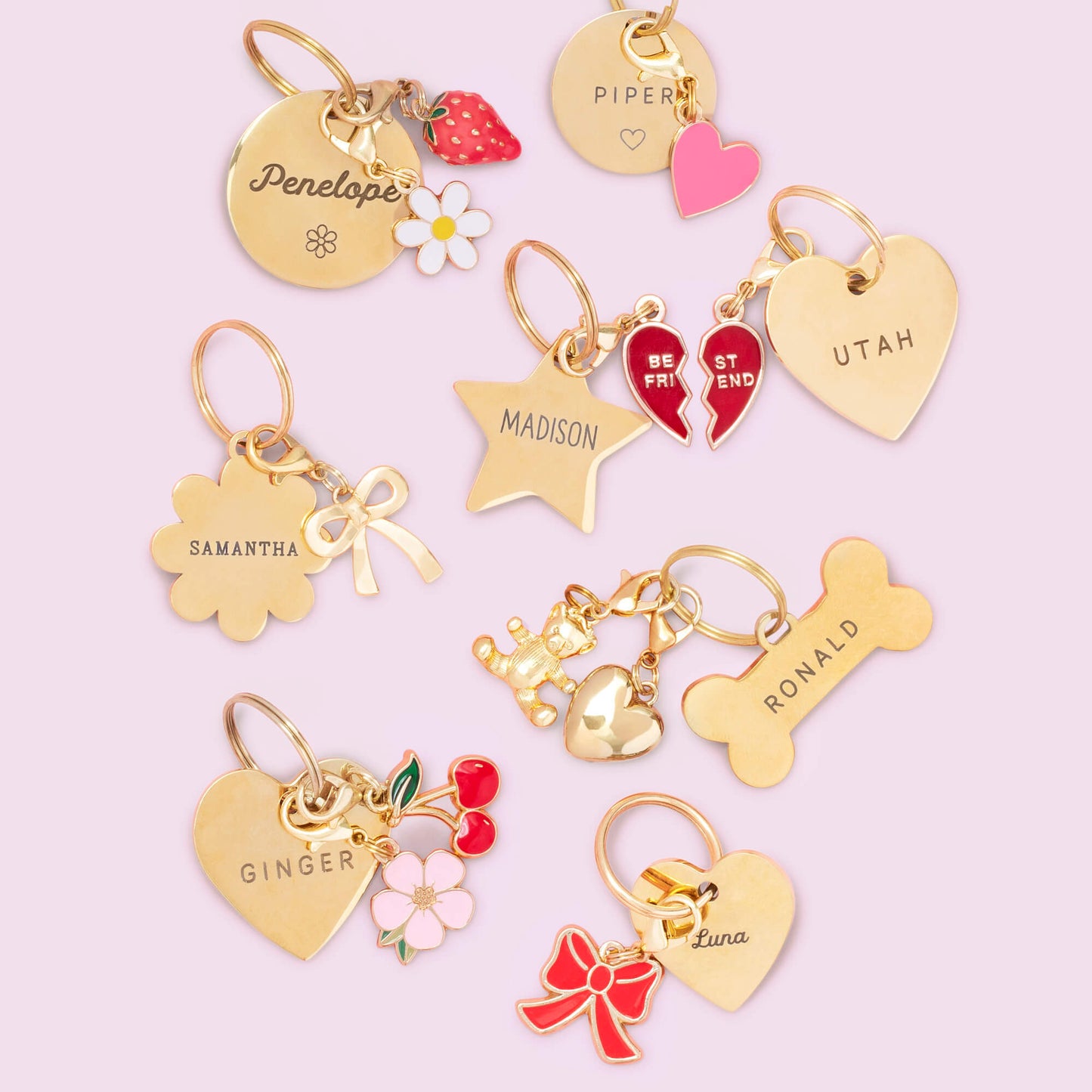 Circle, Star, Flower, Heart, Bone, Circle with Icon Pet ID Tags, Strawberry, Heart, Daisy, BFF Hearts, Gold Heart, Gold Bear, Sakura, Cherries, Red Bow Collar Charms from The Foggy Dog