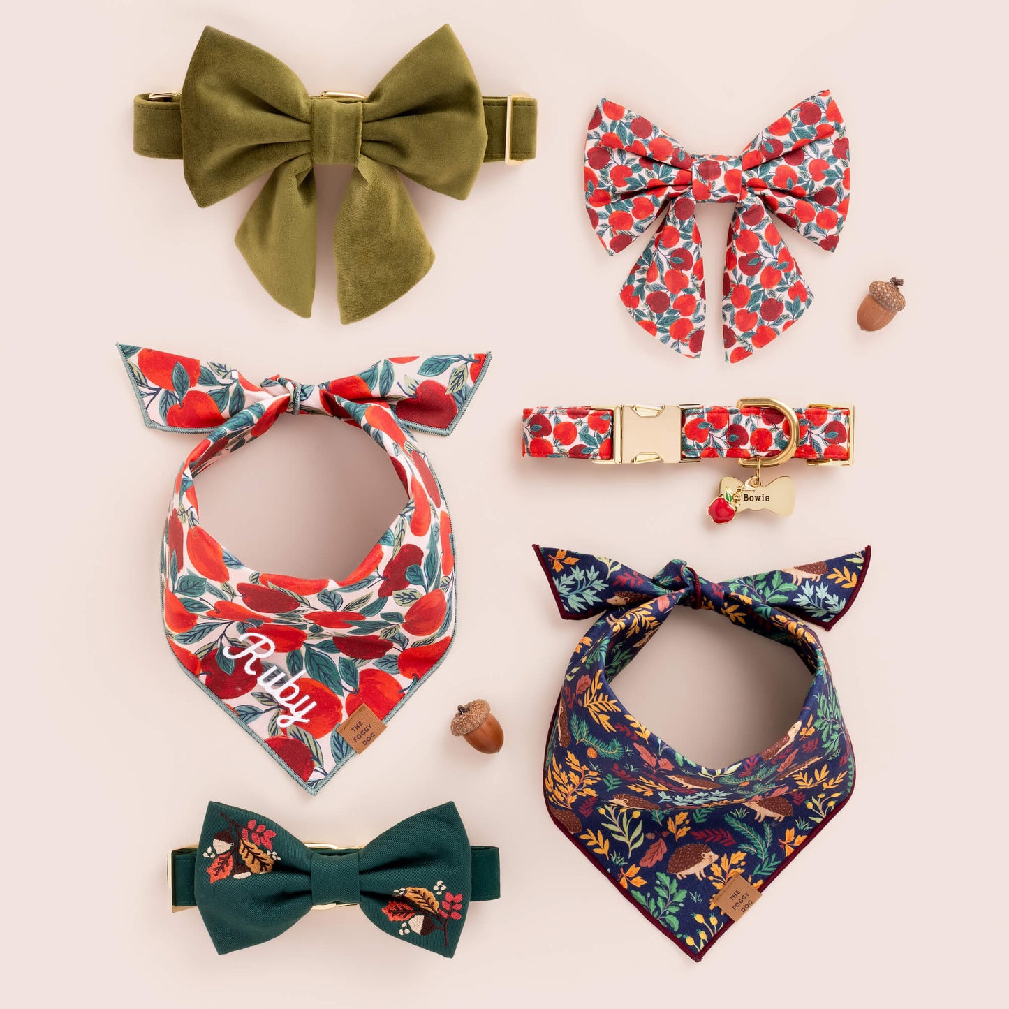 Apple of My Eye, Olive Velvet Lady Bow Collar, Apple Charm, Fall Foliage Bow Tie Collar and Hedgehog Dog Bandana from The Foggy Dog