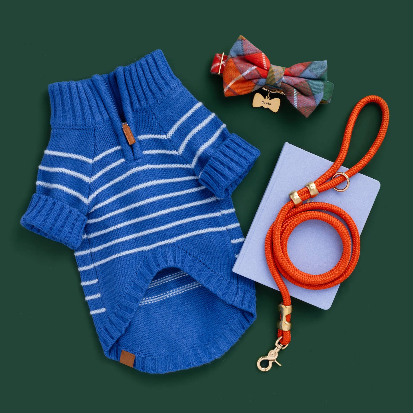 Blue Stripe Quarter-Zip Dog Sweater, Buchanan Plaid Flannel Bow Tie Collar, Bow Tie Pet ID Tag, Cider Marine Rope Leash, and Buchanan Plaid Flannel Dog Bow Tie from The Foggy Dog