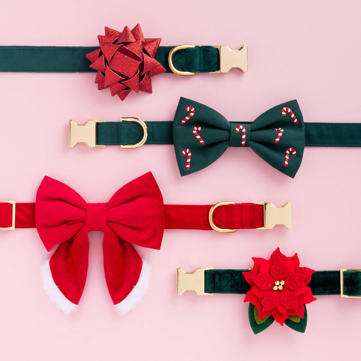 Santa Paws Lady Bow Collar, Evergreen Candy Canes Embroidered Bow Tie Collar, Poinsettia Dog Collar Flower Set, Red Gift Bow Dog Collar Attachment from The Foggy Dog