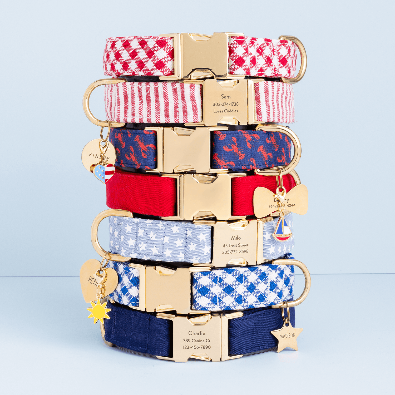 Red Gingham, Red Stripe, Catch of the Day, Ruby, Liberty, Lake Blue Gingham, Ocean Dog Collar, Sun Collar Charm, I Heart America Collar Charm, Sailboat Collar Charm, Star Pet ID Tag, Heart Pet ID Tag, Bow Tie Pet ID Tag, and Circle Pet ID Tag from The Foggy Dog