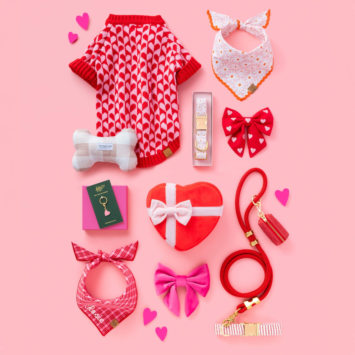 Valentine's Day Heart Stripe Sweater, Fresh as a Daisy Bandana, Toys, Charms and Walk Sets from The Foggy Dog