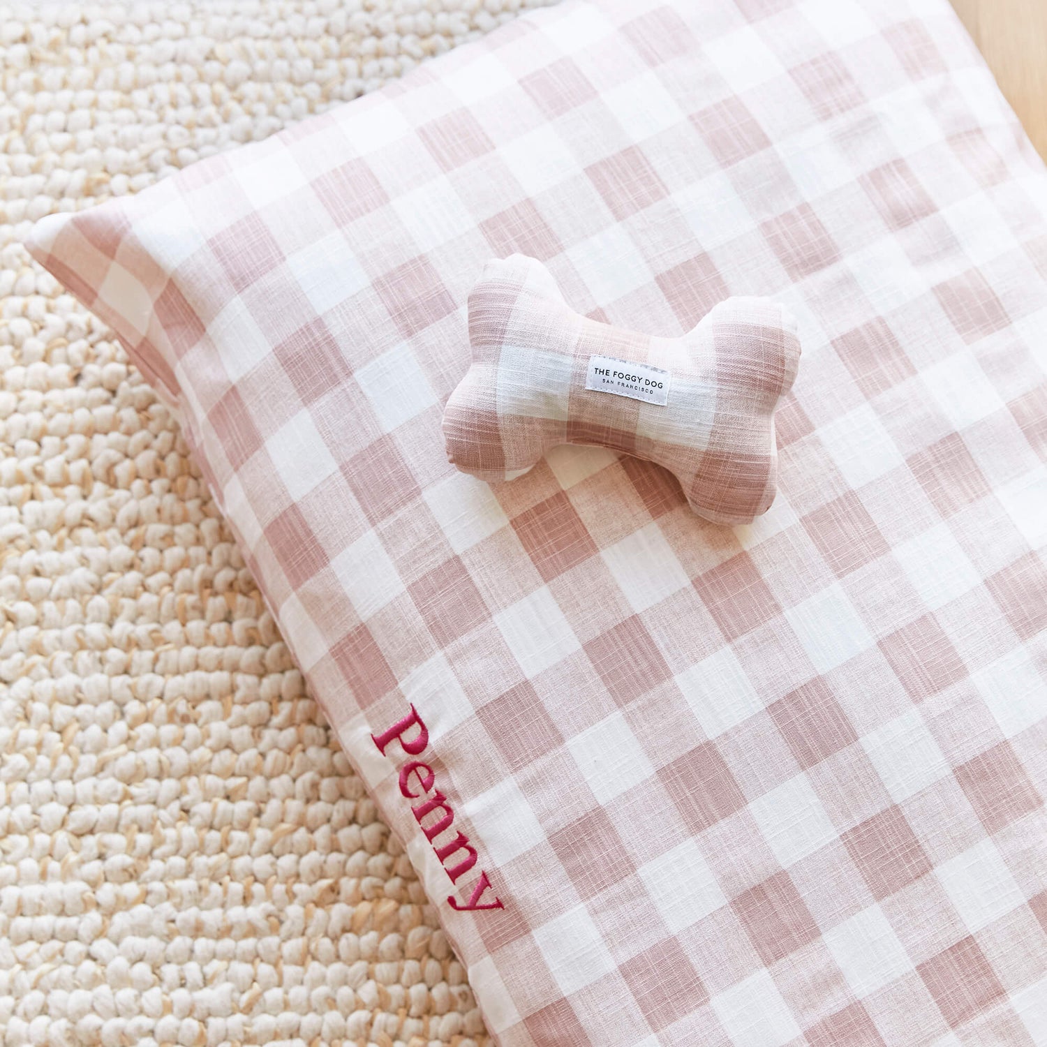 Blush Pink Gingham Dog Squeaky Toy from The Foggy Dog