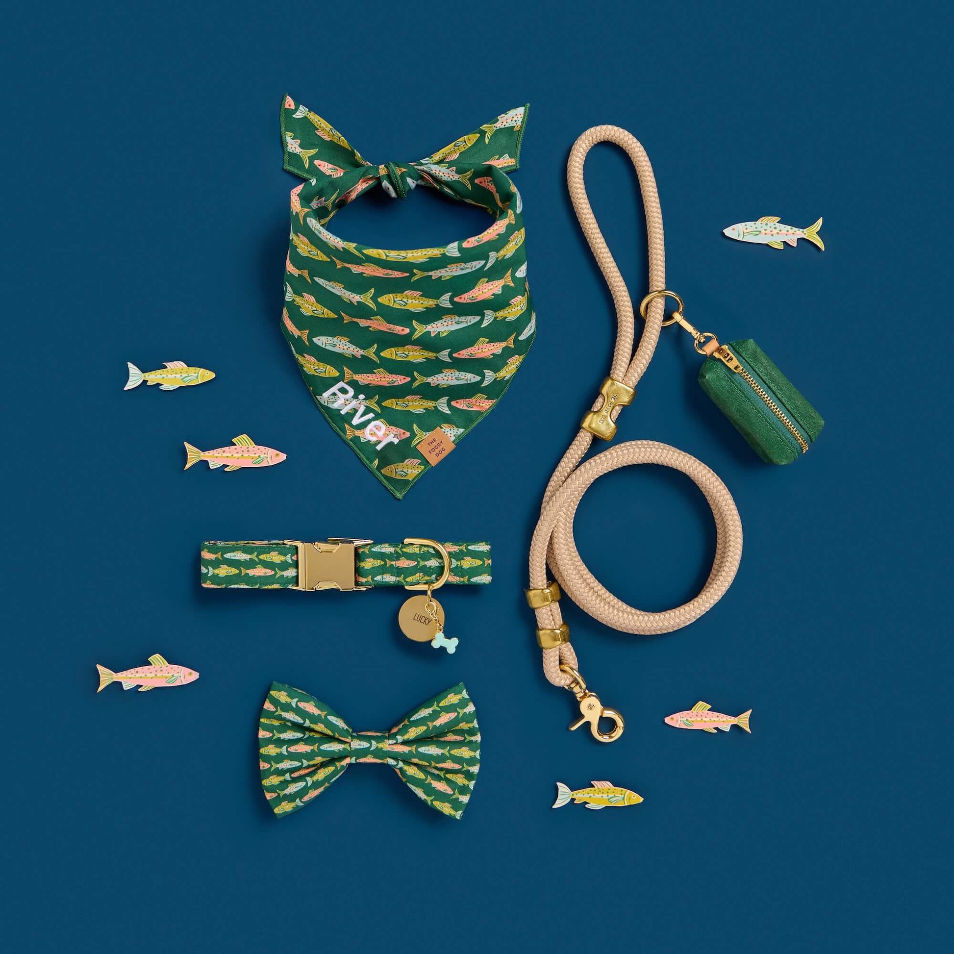 Gone Fishing Bandana, Dog Collar, Bow Tie, Walk Set, Circle Pet ID Tag and Bone Collar Charm from The Foggy Dog