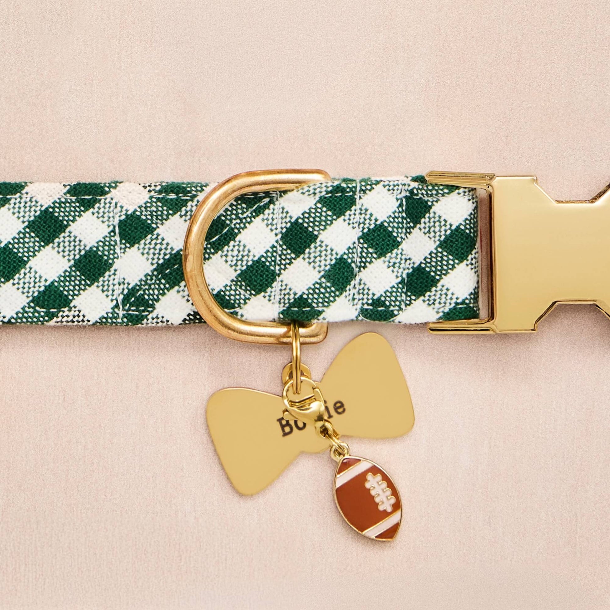 Evergreen Gingham Collar, Bow Pet ID Tag and Football Collar Charm from The Foggy Dog