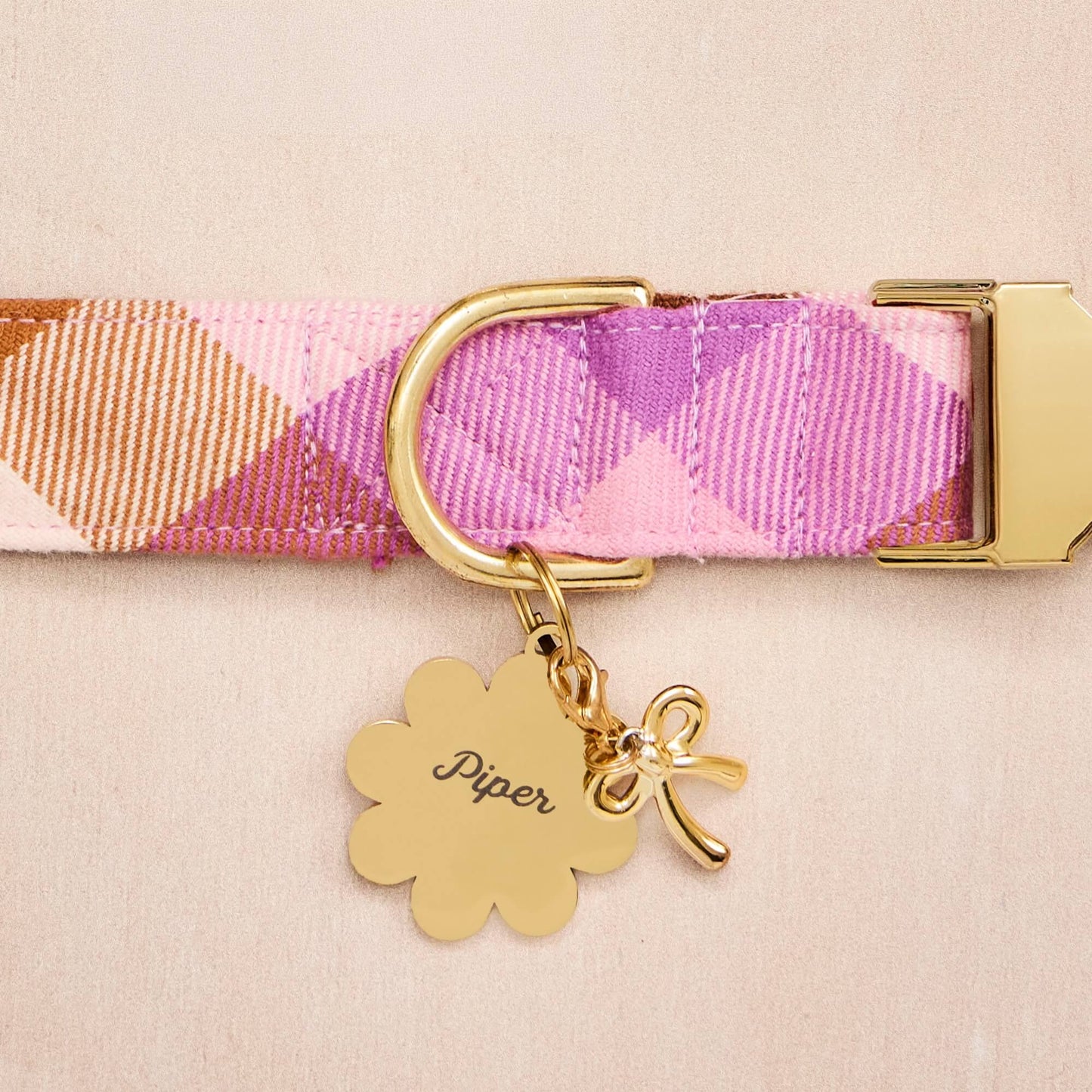Bramble Flannel Collar, Flower Pet ID Tag and Gold Bow Collar Charm from The Foggy Dog