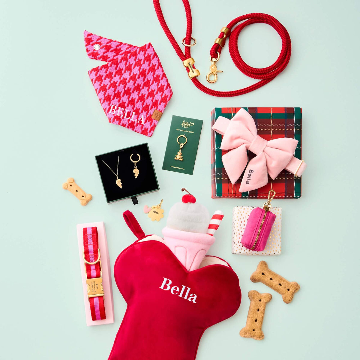 Ruby Marine Rope Leash, Pink and Red Hounstooth Bandana, Best Friend Furever Necklace and Collar Charm Set, Gold Teddy Bear Collar Charm, Charlotte Striped Webbing Collar, Strawberry Milkshake Toy, Hot Pink Waste Bag Holder, Blush Pink Lady Bow Collar and Cranberry Velvet Christmas Stocking from The Foggy Dog