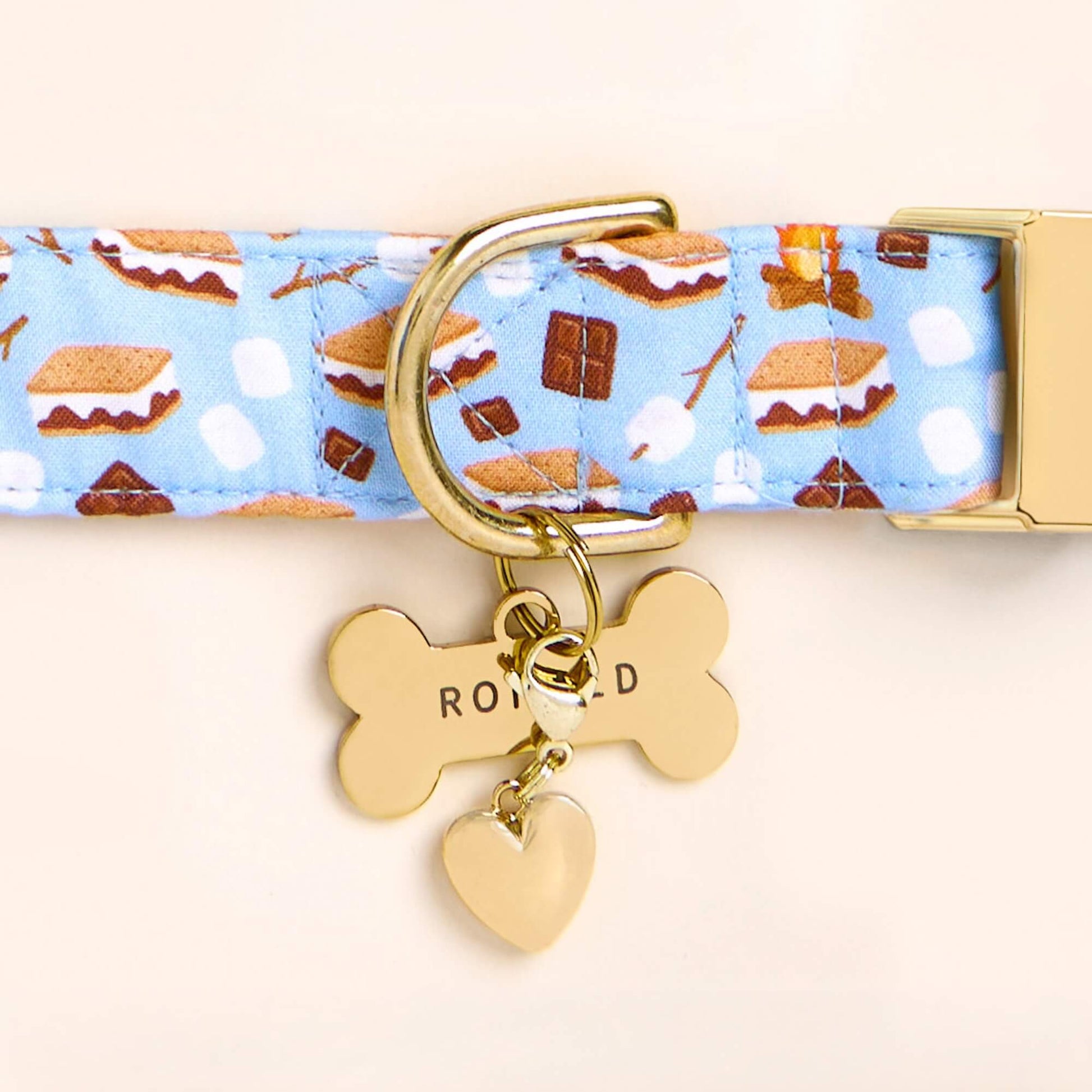 S'more to Love Dog Collar, Bone Pet ID Tag, and Heart of Gold Collar Charm from The Foggy Dog