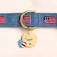 American Flag Embroidered Dog Collar, Circle Pet ID Tag: Star Icon, and I Heart America Collar Charm from The Foggy Dog