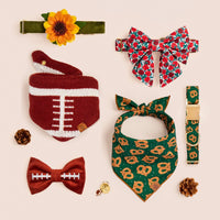 Sunflower Collar Flower Set, Football Knit Dog Bandana, Football Bow Tie,  Apple of My Eye Lady Bow Collar, Pretzel Bandana and Dog Collar, Circle Pet ID Tag and Football Collar Charm from The Foggy Dog