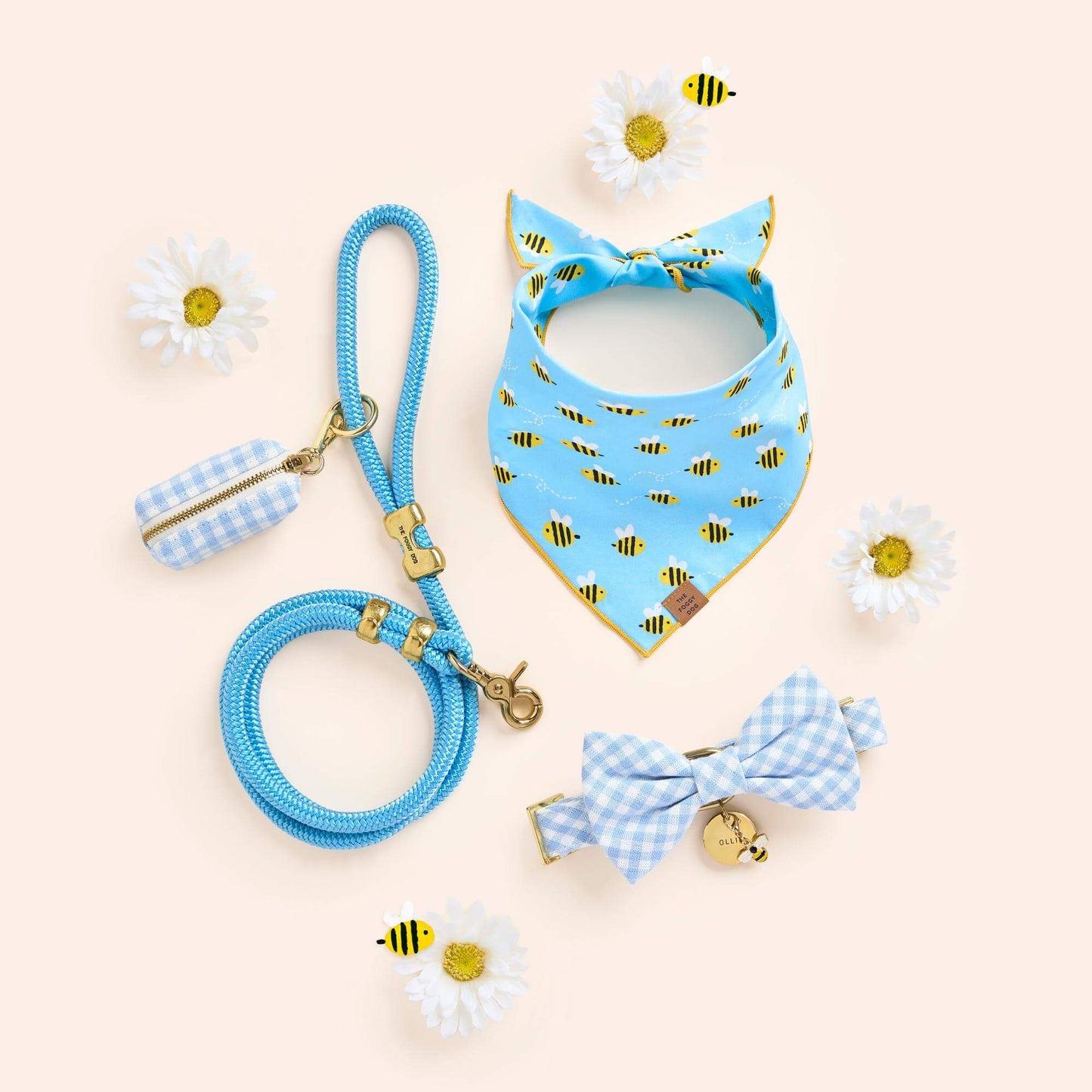 Sky Blue Gingham Collar Walk Set, Bow Tie Collar and Waste Bag Holder, Powder Blue Marine Rope Leash, Sweet as Can Be Bandana, Circle Pet ID Tag and Honey Bee Collar Charm from The Foggy Dog