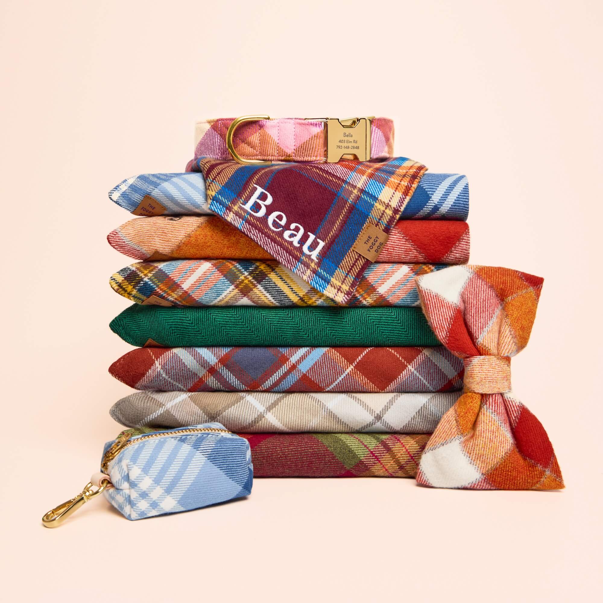 Hawthorne, Pumpkin Spice, Cornucopia, Maple, Andover, Orchard, Marlow Plaid Flannel and Evergreen Herringbone Flannel Dog Bandanas, Bramble Flannel Collar, Pumpkin Spice Dog Bow Tie and Hawthorne Plaid Flannel Waste Bag Holder from The Foggy Dog