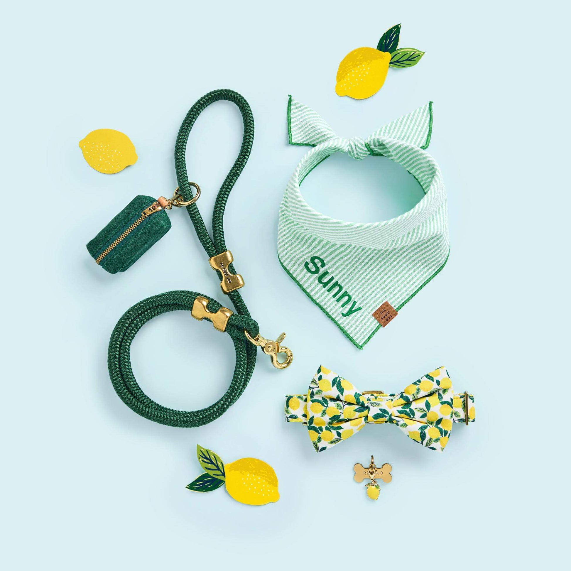 Lemon Zest Collar Walk Set, Bow Tie Collar, Green Seersucker Bandana, Evergreen Marine Rope Leash, Waxed Waste Bag Holder, Bone Pet ID Tag and Lemon Collar Charm from The Foggy Dog