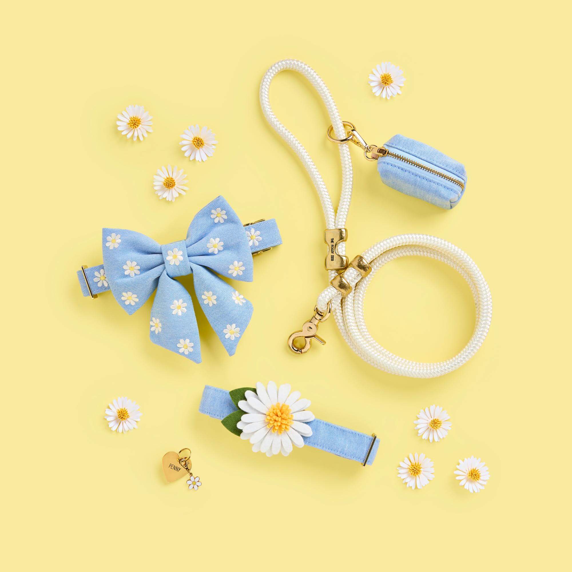 Daisy Embroidered Walk Set, Lady Bow Collar, Ivory Leash, Blue Chambray Walk Set, Waste Bag Holder, Daisy Dog Collar Flower Set, Heart Pet ID Tag and Daisy Collar Charm from The Foggy Dog