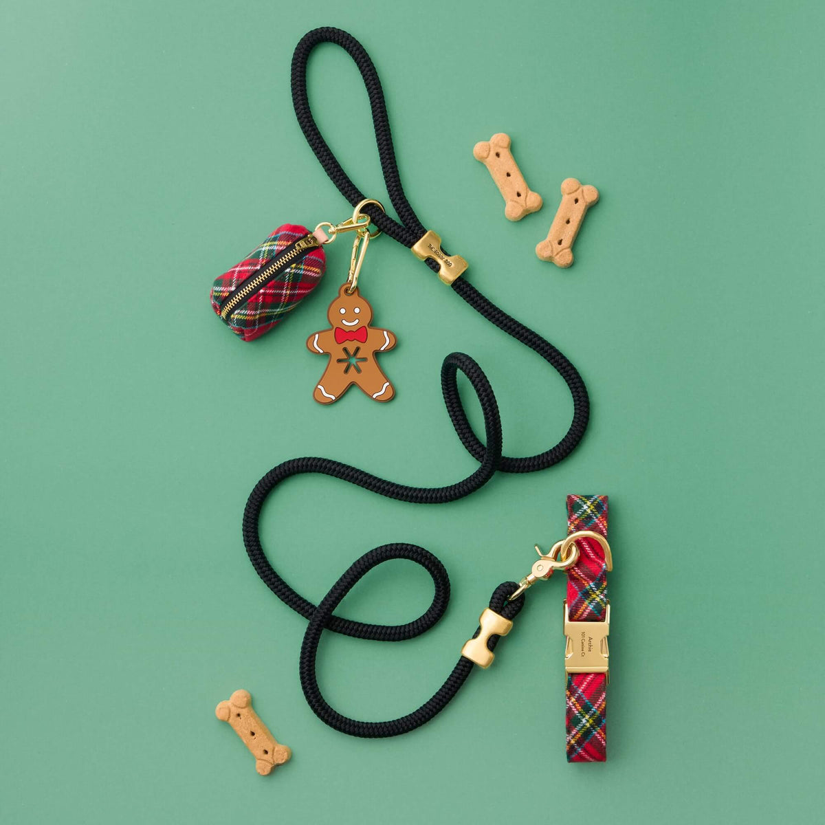 Tartan Plaid Flannel Collar Walk Set and Gingerbread Man Pickup Pal from The Foggy Dog