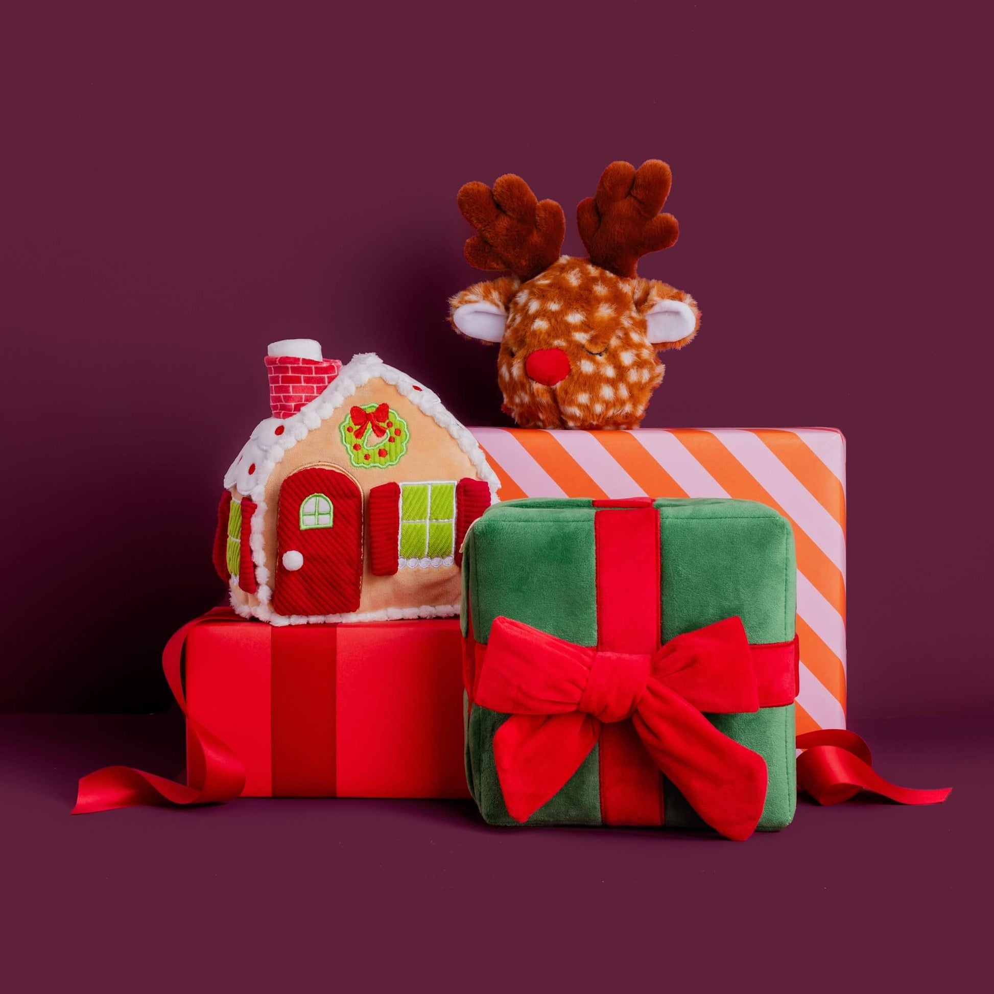 Gingerbread Interactive Snuffle Toy, Holiday Present Interactive Snuffle Toy, Reindeer 2-in-1 Bounce Toy from The Foggy Dog