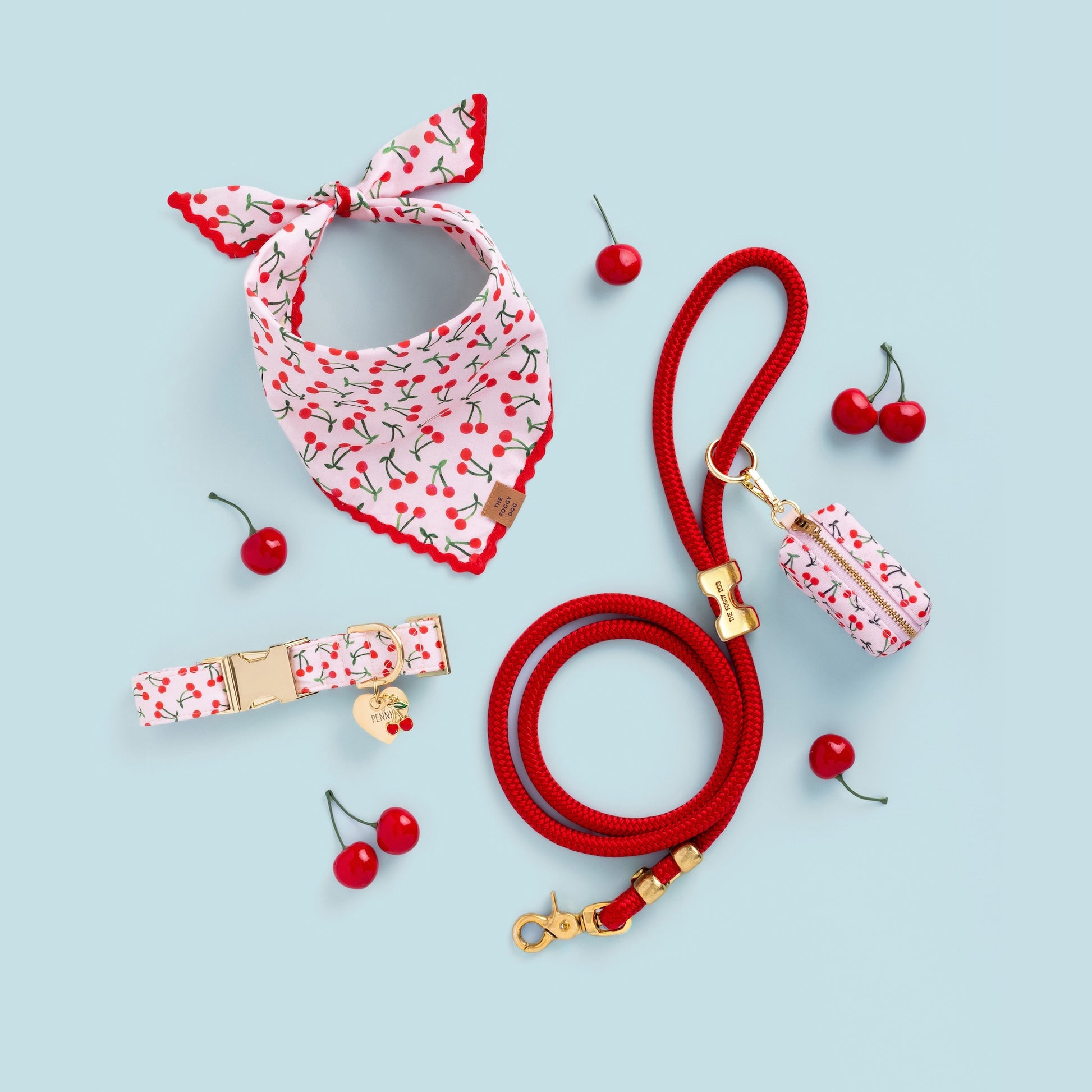 Cherry Jubilee Bandana, Collar Walk Set, Heart ID Tag, Cherry Collar Charm, and Ruby Leash from The Foggy Dog