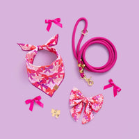 Take a Bow Dog Bandana, Lady Bow, Lady Bow ID Tag, Gold Heart, and Hot Pink Marine Rope Leash from The Foggy Dog