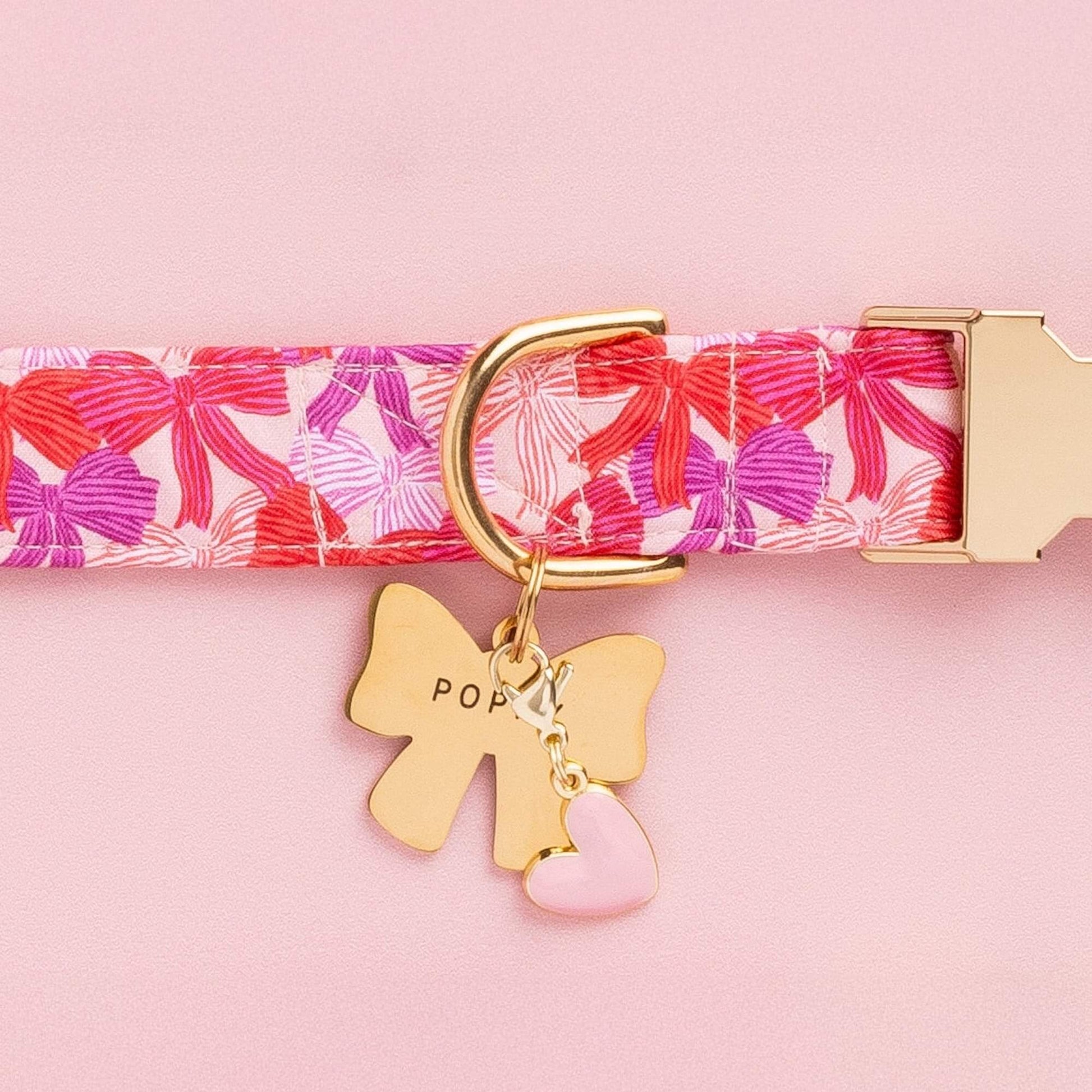 Take a Bow Dog Collar, Lady Bow ID Tag, and Pink Heart Charm from The Foggy Dog