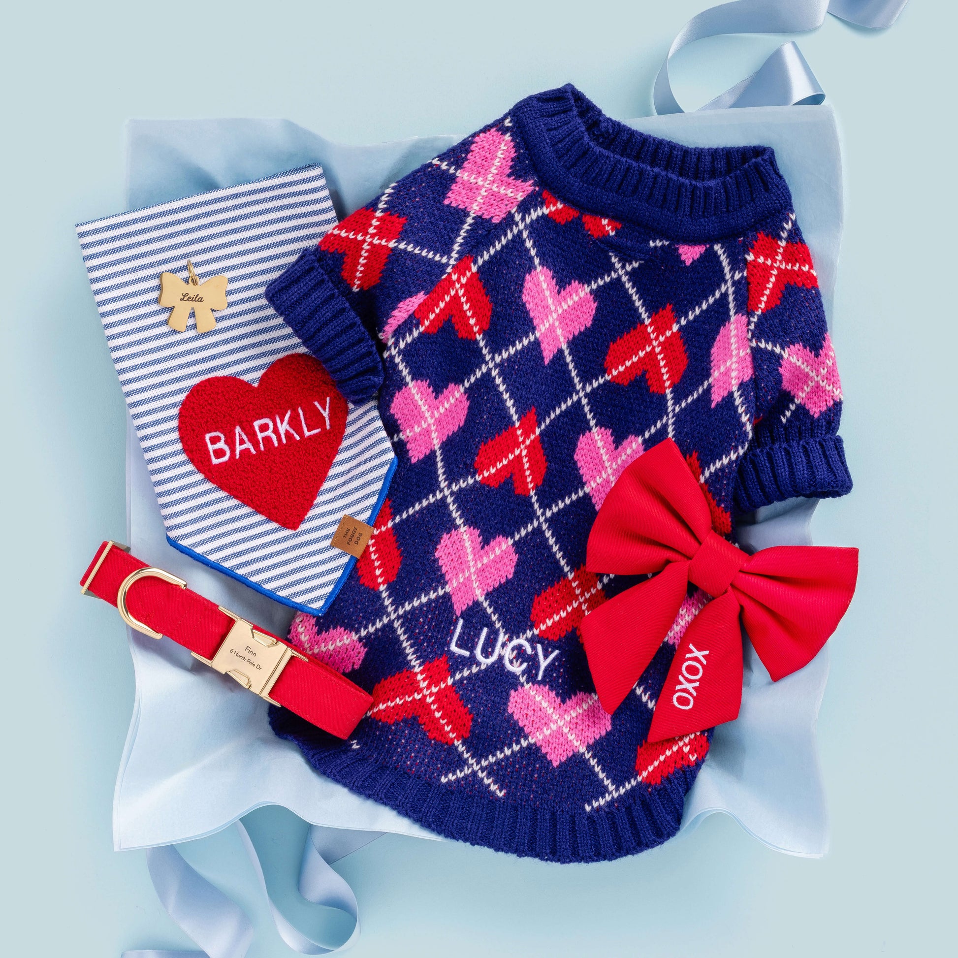 Heart Argyle Sweater, Ruby Lady Bow Collar, Lady Bow ID Tag, and Heart Applique Bandana with Personalization at The Foggy Dog