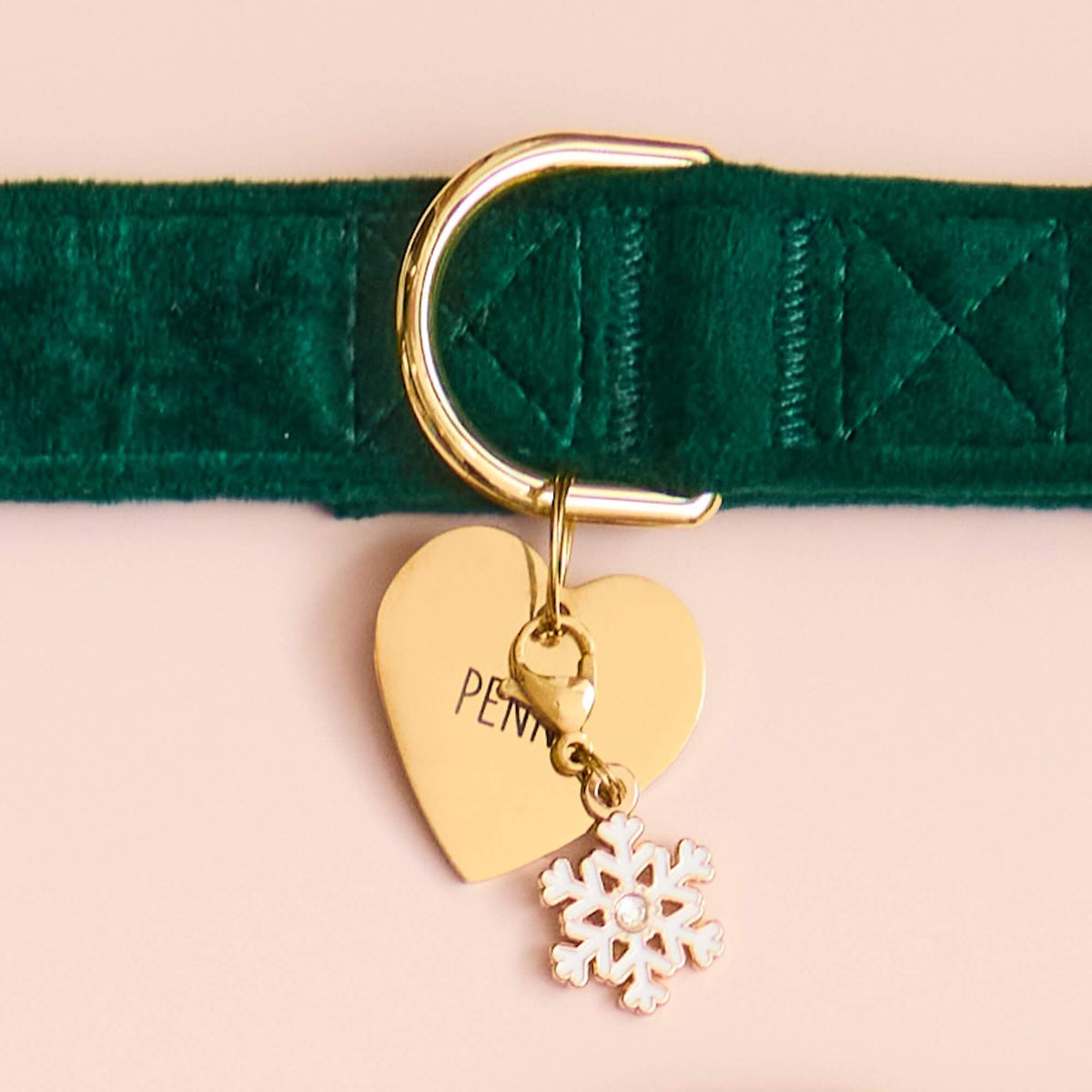 Forest Green Velvet Collar, Heart Pet ID Tag and Snowflake Collar Charm from The Foggy Dog