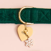 Forest Green Velvet Collar, Heart Pet ID Tag and Snowflake Collar Charm from The Foggy Dog