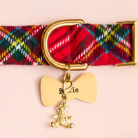 Tartan Plaid Flannel Collar, Bow Pet ID Tag and Gold Teddy Bear Collar Charm