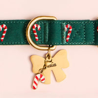 Evergreen Embroidered Candy Canes Collar, Lady Bow Pet ID Tag and Candy Canes Collar Charm 
