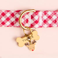 Red Gingham Collar, Bone Pet ID Tag and Reindeer Collar Charm from The Foggy Dog