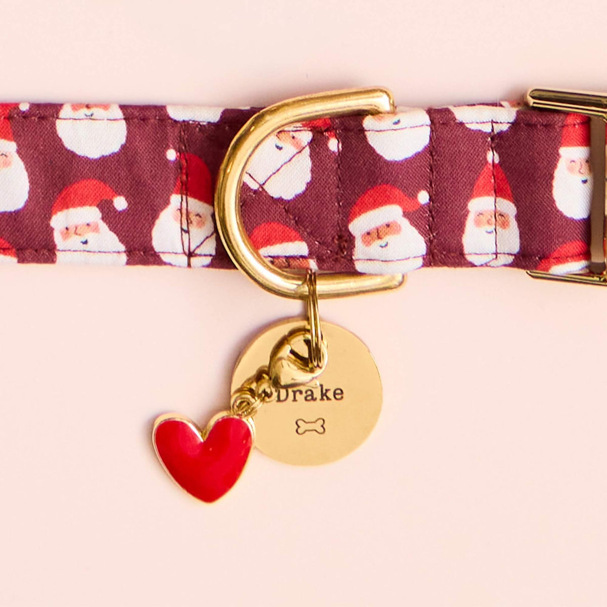Ho Ho Ho Dog Collar, Circle Pet ID Tag: Bone Icon and Red Heart Collar Charm from The Foggy Dog