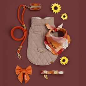 Fawn Sherpa-Lined Reversible Dog Jacket, Pumpkin Spice Plain Flannel Ruffled Bandana, Waste Bag Holder, Dog Collar, Cider Marine Rope Leash, Pumpkin Veltet Lady Bow. Heart Pet ID Tag and Sunflower Collar Charm from The Foggy Dog