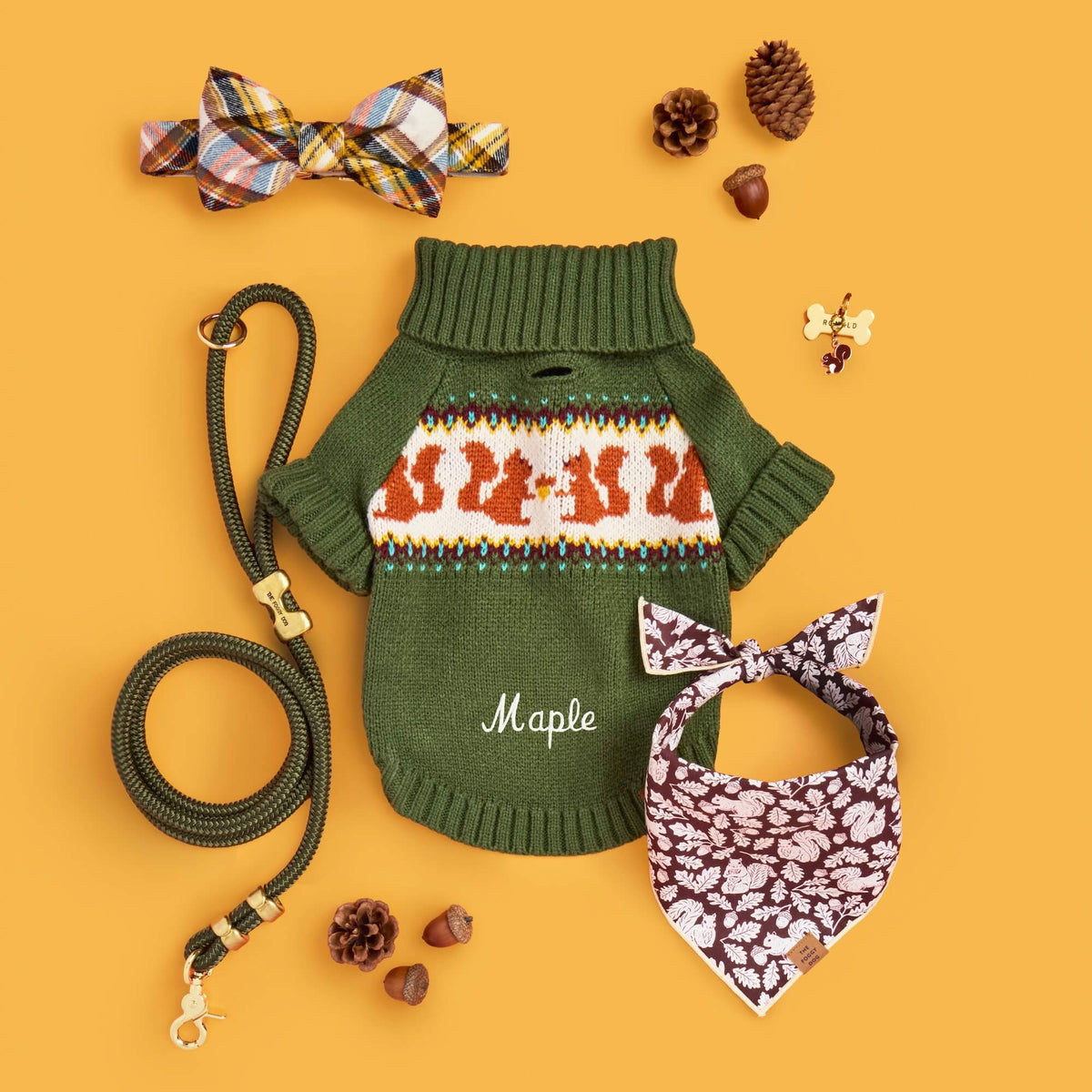 Cornucopia Bow Tie Collar, Squirrel Dog Sweater, Bandana, Collar Charm, Olive Marine Rope Leash and Bone Pet ID Tag