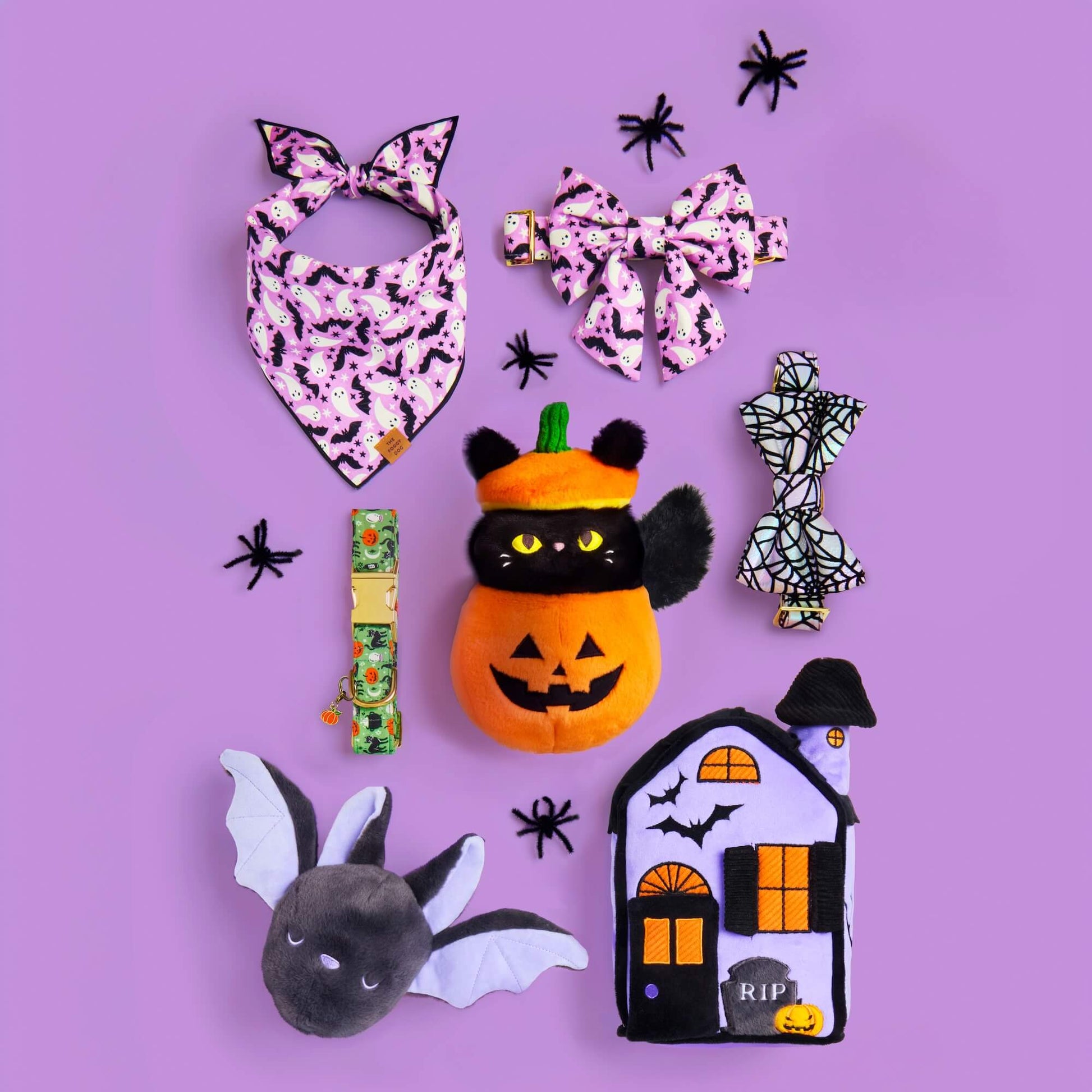 Spooky Season Bandana and Lady Bow Collar, Holographic Spiderweb Bow Tie Collar, Spellbound Collar with Pumpkin Collar Charm, Haunted House Interactive Snuffle Dog Toy, Bat 2-in-1 and Cat-o’-Lantern 2-in-1 Bounce Dog Toy from The Foggy Dog
