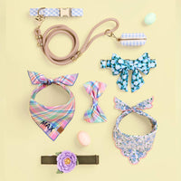 Sky Blue Gingham Collar Walk Set,  Waste Bag Holder, Flax Marine Rope Leash, Blooming Plaid Bandana and Bow Tie, Hydrangea Lady Bow Collar, Lilac Peony Dog Collar Flower Set, and Flora Scalloped Bandana from The Foggy Dog