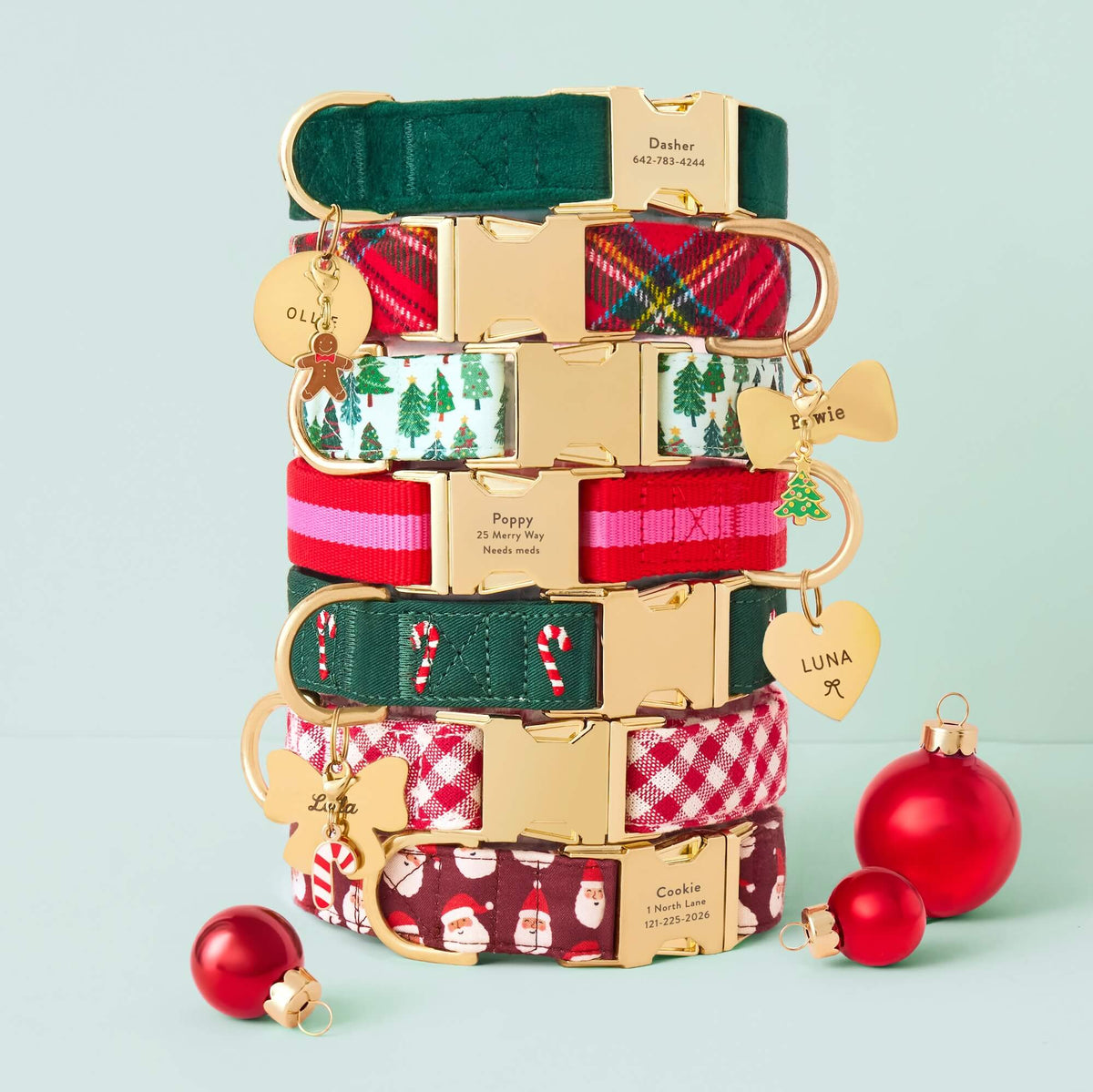 Forest Green Velvet, Tartan Plaid Flannel, Festive Firs, Charlotte Striped Webbing, Evergreen Embroidered Candy Canes, Red Gingham and Gingerbread Man, Christmas Tree and Candy Canes Collar Charm from The Foggy Dog
