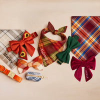 Andover, Orchard, Marlow Plaid Flannel Dog Bandanas, Pumpkin Velvet Collar, Pumpkin Spice plaid and Evergreen Herringbone Flannel Bow Tie Collar, Sunflower Embroidered Lady Bow Collar, Burgundy Velvet Lady Dog Bow and Hawthorne Plaid Flannel Waste Bag Holder from The Foggy Dog