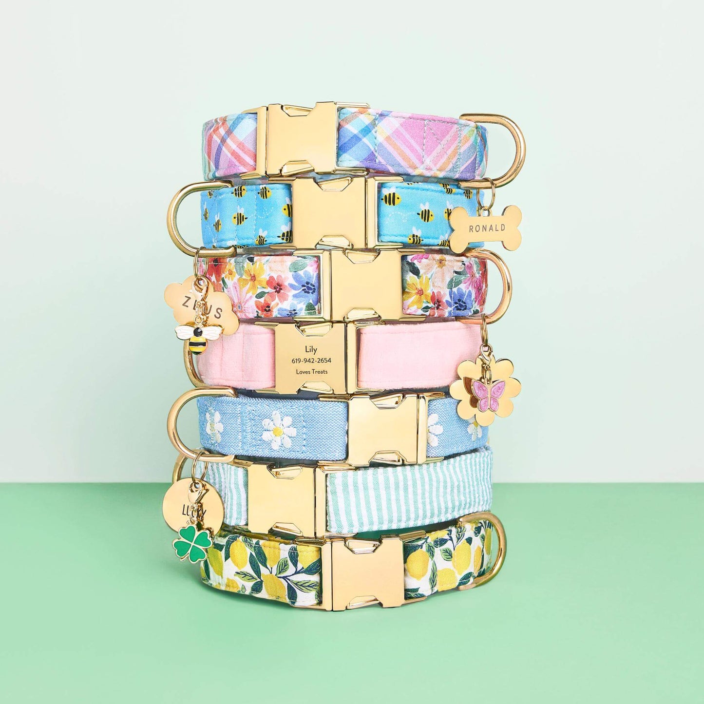 Blooming Plaid, Sweet as Can Be, Margaux, Blush Pink Velvet, Daisy Embroidered, Green Seersucker and Lemon Zest Collar, Bone, Cloud, Flower, and Circle Pet ID Tag, Butterfly, Honey Bee and Lucky Clover Collar Charm from The Foggy Dog