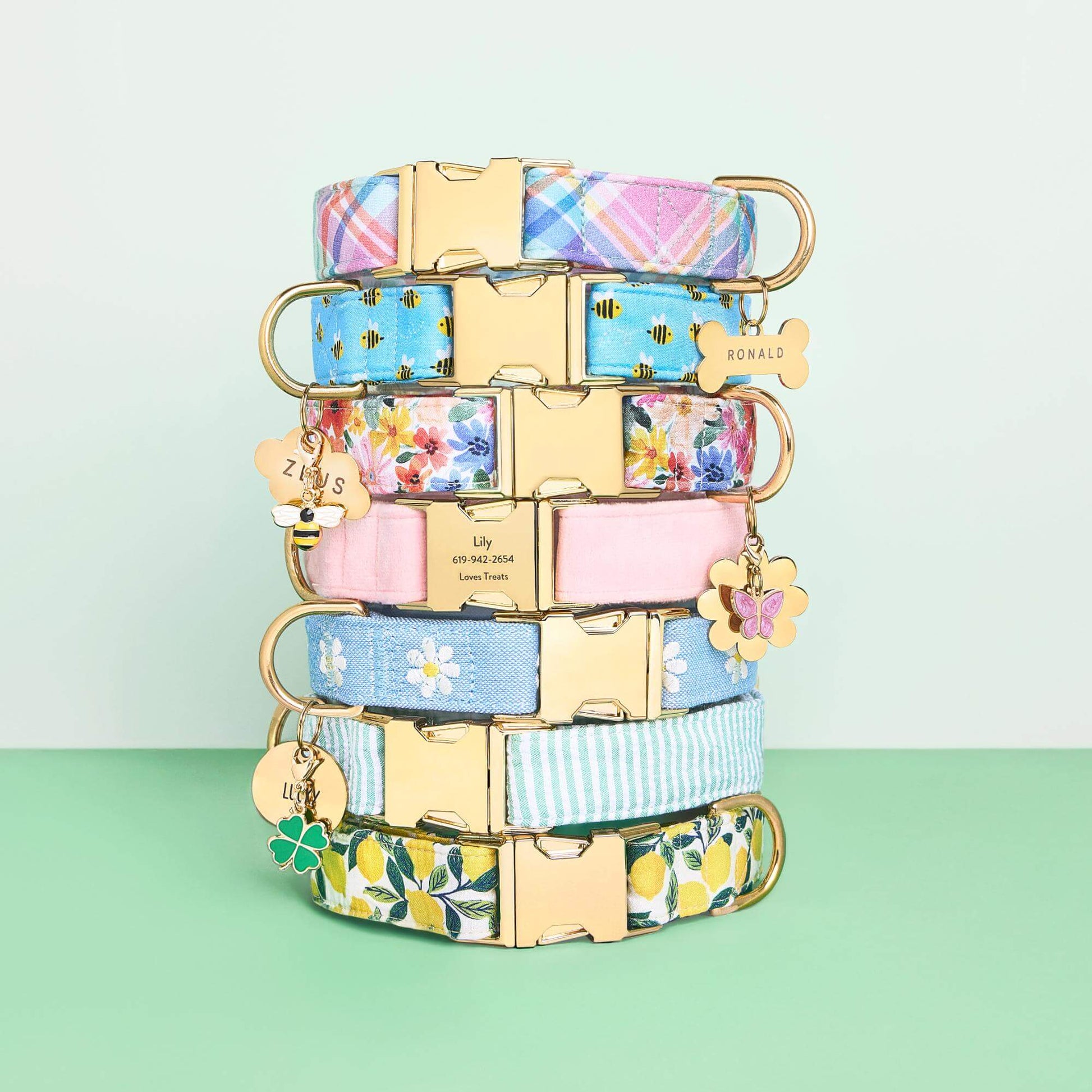 Blooming Plaid, Sweet as Can Be, Margaux, Blush Pink Velvet, Daisy Embroidered, Green Seersucker and Lemon Zest Collar, Bone, Cloud, Flower, and Circle Pet ID Tag, Butterfly, Honey Bee and Lucky Clover Collar Charm from The Foggy Dog