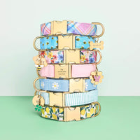 Blooming Plaid, Sweet as Can Be, Margaux, Blush Pink Velvet, Daisy Embroidered, Green Seersucker and Lemon Zest Collar, Bone, Cloud, Flower, and Circle Pet ID Tag, Butterfly, Honey Bee and Lucky Clover Collar Charm from The Foggy Dog