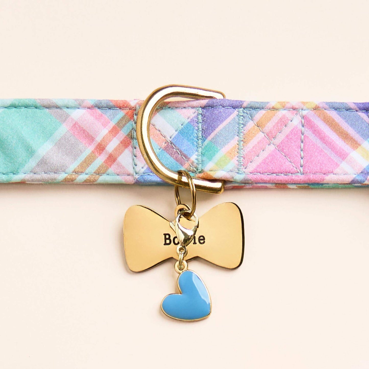 Blooming Plaid Collar, Bow Tie Pet ID Tag and Blue Heart Collar Charm from The Foggy Dog