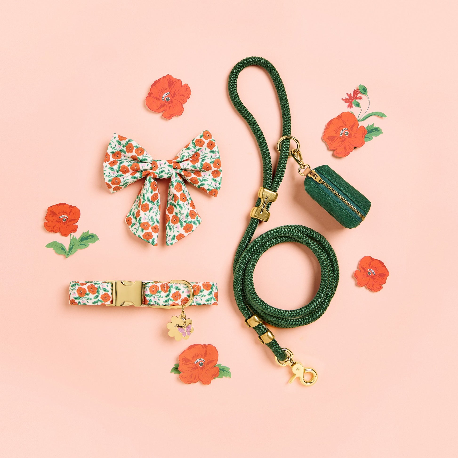 Golden Poppies Lady Dog Bow and Dog Collar Evergreen Marine Rope Dog Leash, Evergreen Waxed Canvas Waste Bag Holder, Flower Pet ID Tag, and Butterfly Collar Charm from The Foggy Dog