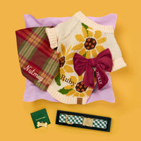Sunflower Dog Sweater, Orchard Plaid Flannel Bandana, Burgundy Velvet Lady Bow Collar, Evergreen Gingham Collar and Bone Pet ID Tag from The Foggy Dog