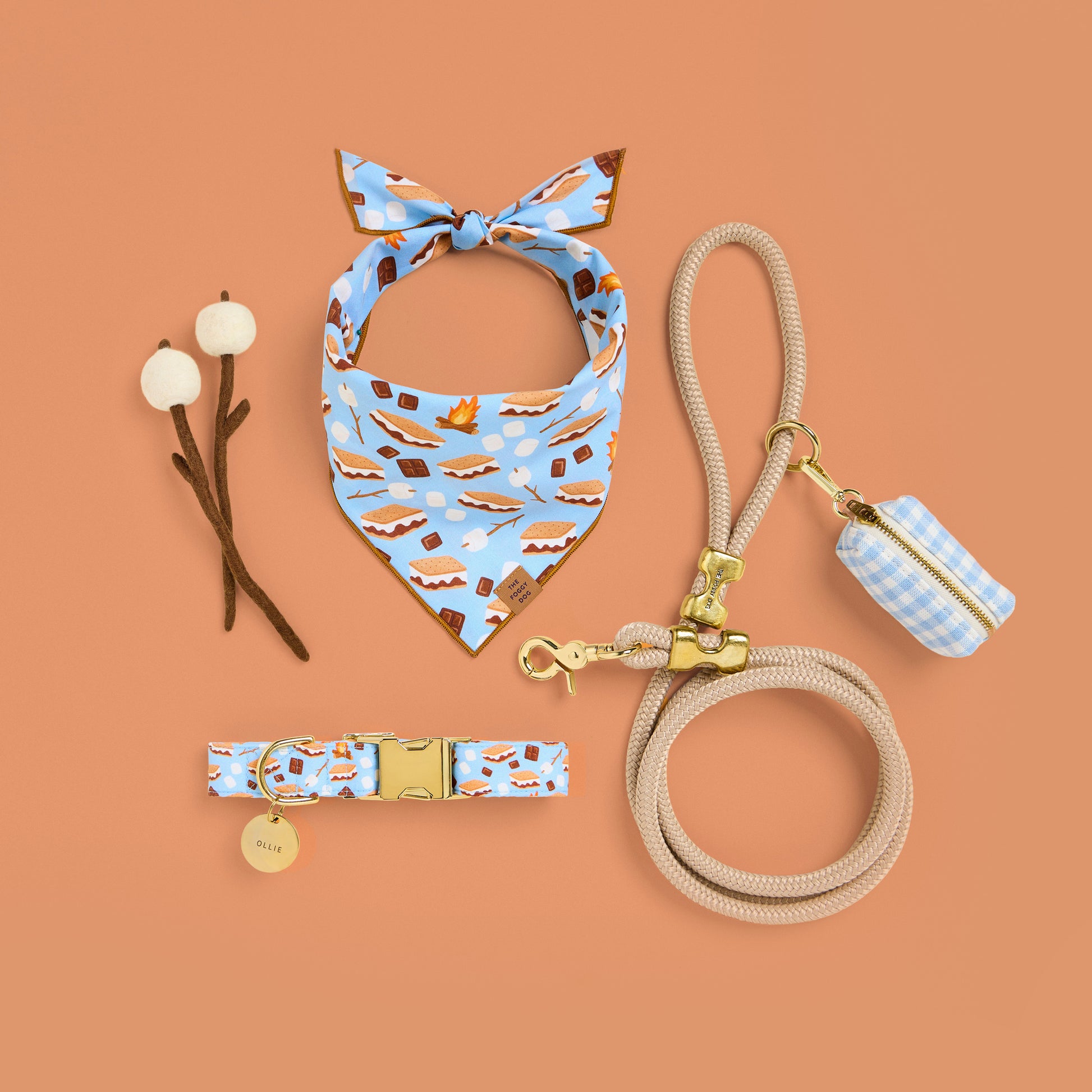 S'more to Love Dog Bandana, Dog Collar, Circle Pet ID Tag, Flax Marine Rope Dog Leash, and Sky Blue Gingham Waste Bag Holder from The Foggy Dog
